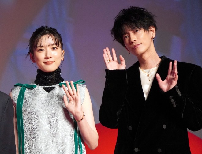 At the production announcement of the movie 'Cells at Work' (from left) Mei Nagano and Takeru Satoh