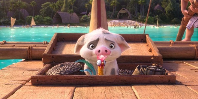 Heihei the rooster and Pua the pig, Moana's companions from Moana 2, sharing a lighthearted moment.
