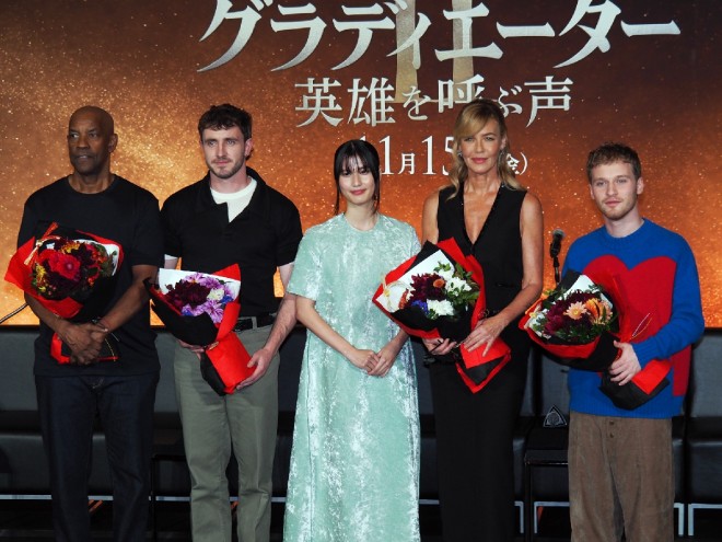 Cast members Denzel Washington, Paul Mescal, Ai Hashimoto, Connie Nielsen, and Fred Hechinger at the special Japan premiere event for Gladiator II.