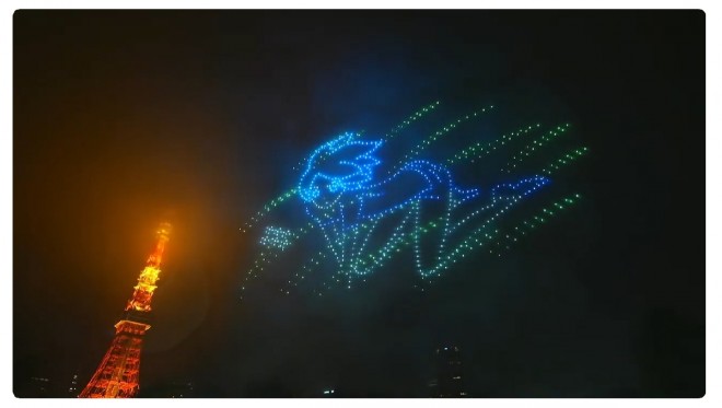 A scene from Land of the Lustrous’ drone show celebrating its conclusion.