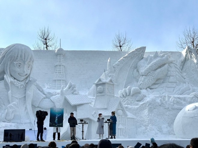 A massive snow sculpture of "That Time I Got Reincarnated as a Slime" unveiled at the 2025 Sapporo Snow Festival