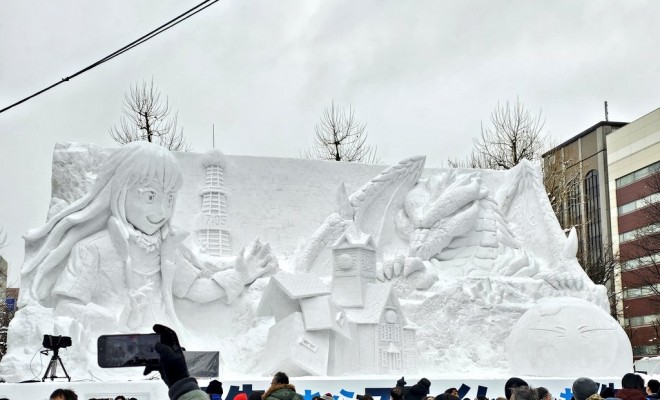A massive snow sculpture of "That Time I Got Reincarnated as a Slime" unveiled at the 2025 Sapporo Snow Festival