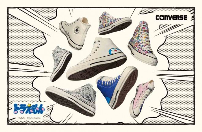 New Doraemon-themed sneakers from Converse, featuring manga scenes and iconic character art.