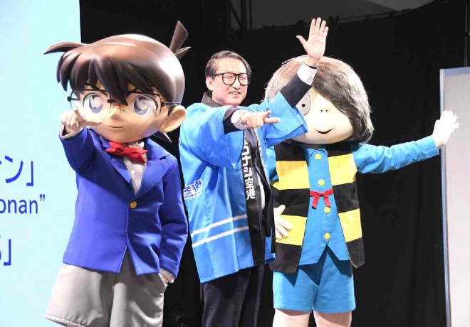From left: Edogawa Conan, Governor Shinji Hirai, and Kitaro on stage at the Cool Japan Showcase