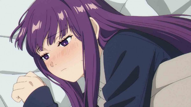 Scene from the Frieren: Beyond Journey’s End anime showing Fern bedridden with a cold