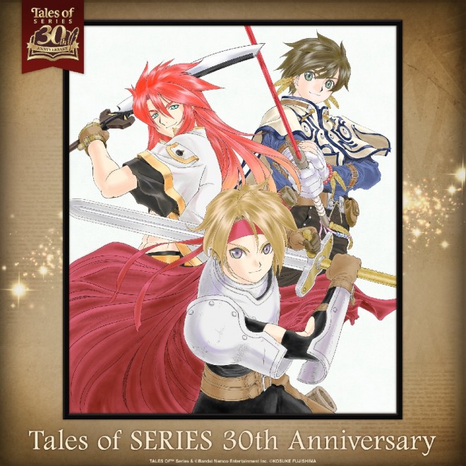 Tales of 30th Anniversary illustration featuring Cress, Luke, and Sorey—drawn by Kosuke Fujishima and celebrated by fans for its evolving art style.