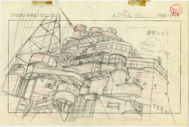 The rediscovered layout of the heavy cruiser Maya drawn by Hideaki Anno for Grave of the Fireflies, to be displayed at the Isao Takahata Exhibition