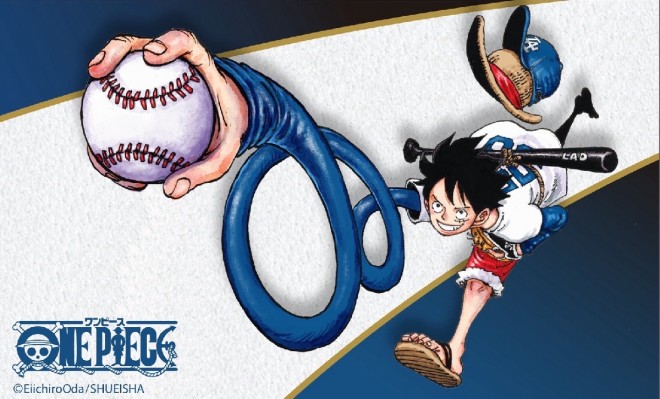 Luffy wearing the Dodgers uniform, illustrated by Eiichiro Oda for the ONE PIECE x Dodgers collaboration.