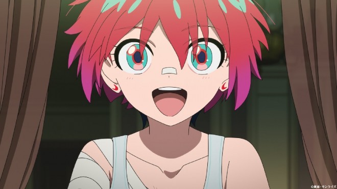 Newly revealed scene from Mobile Suit Gundam GQuuuuuuX, featuring Machu (Amate Yuzuriha) with visible injuries yet wearing a resilient smile, hinting at the aftermath of her intense battles. Her bandaged shoulder and nasal strip suggest recent combat trauma, resonating strongly with fans online.