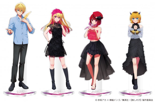 Exclusive key visual for the Oshi no Ko pop-up store in Japan featuring Aqua, Ruby, Kana, and MEMcho in themed outfits.