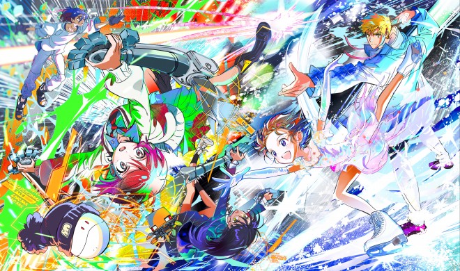 Crossover illustration by Tsuruma Ikada featuring Medalist and Gundam GQuuuuuuX characters, released to commemorate Kenshi Yonezu’s new single.