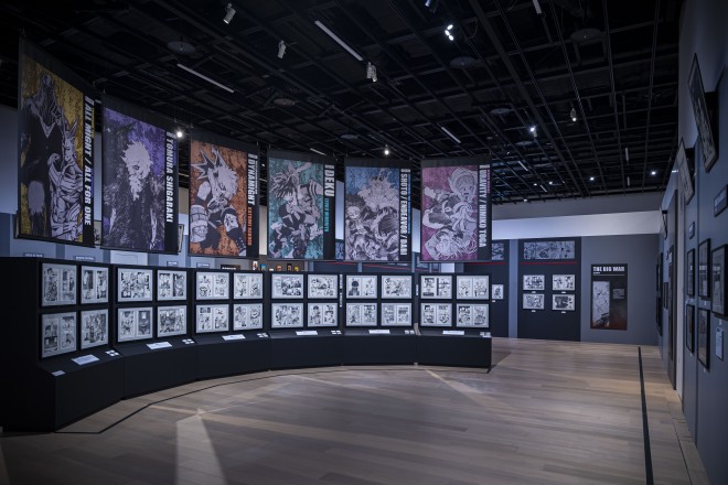 A powerful scene from the "My Hero Academia Original Art Exhibition" (Zone 4), capturing the final battle between heroes and villains. Featuring special illustrations by Kohei Horikoshi.
