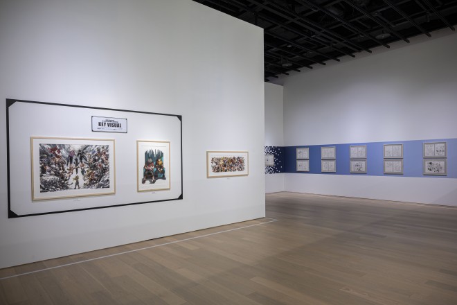 A powerful scene from the "My Hero Academia Original Art Exhibition" (Zone 4), capturing the final battle between heroes and villains. Featuring special illustrations by Kohei Horikoshi.