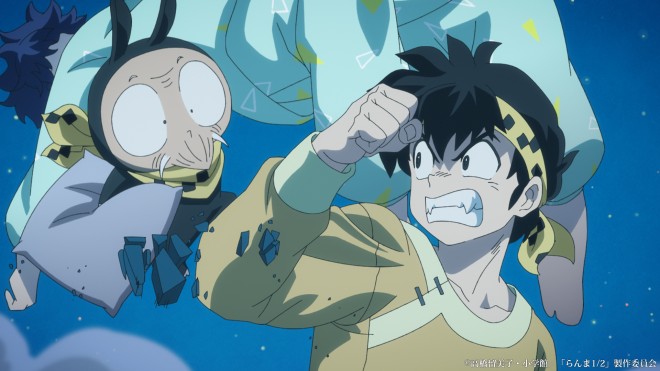 Scene cut from Ranma ½ Season 2 featuring newly introduced characters including Mousse, Cologne, and Happosai.