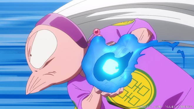 Scene cut from Ranma ½ Season 2 featuring newly introduced characters including Mousse, Cologne, and Happosai.