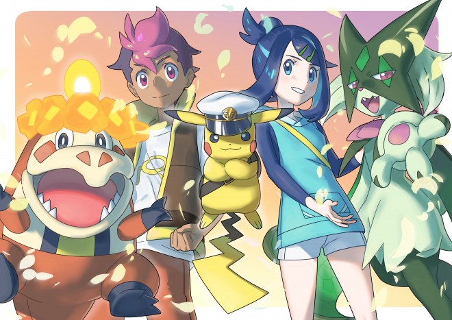 A commemorative illustration for Pokémon Horizons Episode 100, featuring young and grown-up versions of Liko and Roy aboard the Brave Asagi. Keywords: Pokémon Horizons, Episode 100, Liko, Roy.