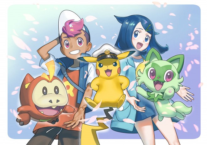 A commemorative illustration for Pokémon Horizons Episode 100, featuring young and grown-up versions of Liko and Roy aboard the Brave Asagi. Keywords: Pokémon Horizons, Episode 100, Liko, Roy.