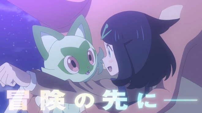 A commemorative illustration for Pokémon Horizons Episode 100, featuring young and grown-up versions of Liko and Roy aboard the Brave Asagi. Keywords: Pokémon Horizons, Episode 100, Liko, Roy.