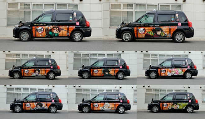 Demon Slayer wrapped taxi driving in Tokyo featuring main characters