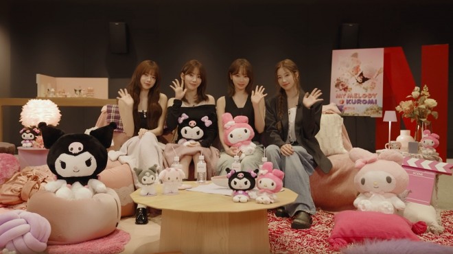 LE SSERAFIM members surrounded by My Melody and Kuromi goods during interview about their theme song
