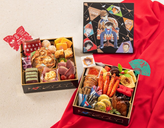Detective Conan themed osechi meal for 2026 featuring anime characters and seasonal foods