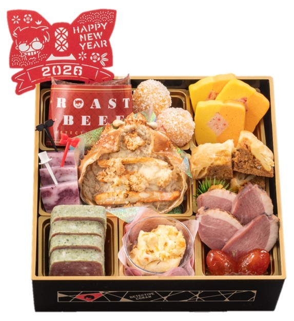 Detective Conan themed osechi meal for 2026 featuring anime characters and seasonal foods