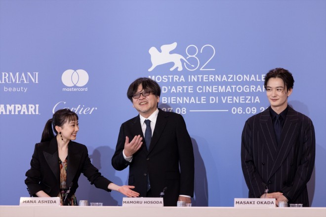 Mamoru Hosoda speaks at the press conference for Scarlet at the 82nd Venice Film Festival