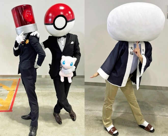 Ichimiya, dressed as Sasuke from "Movie Thief," Purao as "Monster Ball," and Daifuku-kun from the anime "Nichijou."