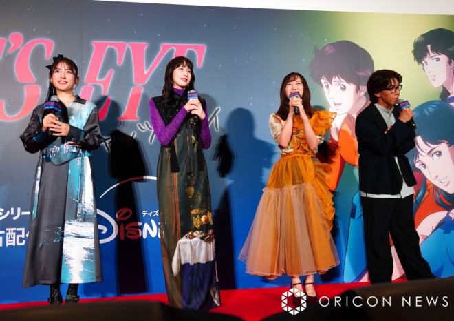 At the pre-release screening event for the anime Cat’s Eye (from left) Mikako Komatsu, Ami Koshimizu, Yumiri Hanamori, and Takuya Satō