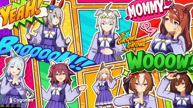 Official visual from the new Uma Musume: Pretty Derby “Shake The World!!” CM, featuring multiple Uma Musume characters in a colorful comic-style design.