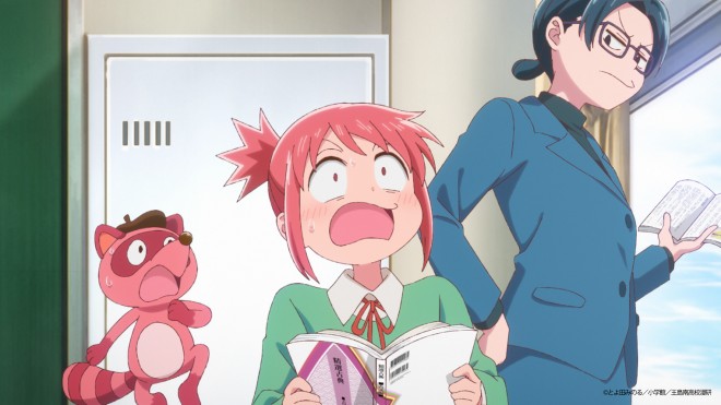 A scene from the Kore Kaite Shine (Draw This and Die) TV anime teaser PV, showing Ai and her friends creating manga at Oshima Minami High School.