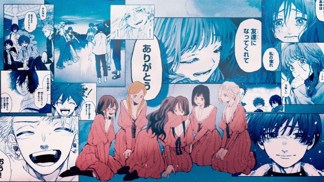 A nationwide newspaper ad for “The Fragrant Flower Blooms with Dignity” featuring 47 prefecture-specific flower designs celebrating the manga surpassing 8 million copies.