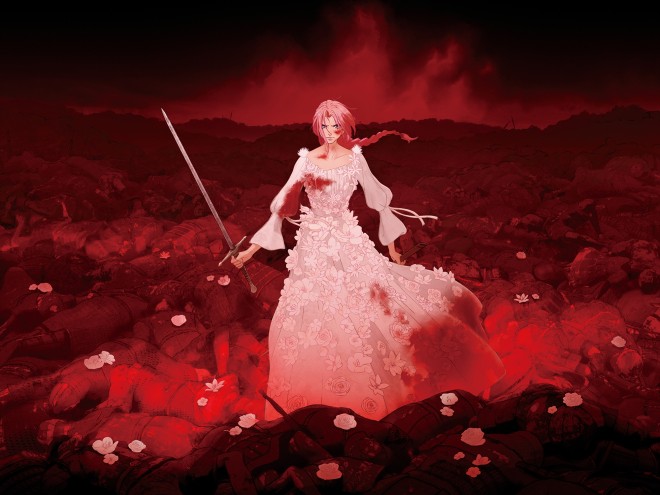 Official IMAX poster for Mamoru Hosoda’s upcoming animated film "Scarlet," featuring the heroine Scarlet in a white floral dress floating in soft light. 