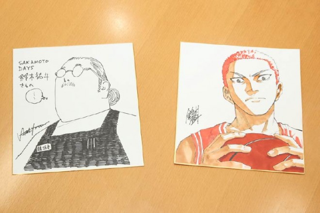 Illustration of Tarō Sakamoto and Hanamichi Sakuragi drawn by Takehiko Inoue and Yuto Suzuki during their special interview