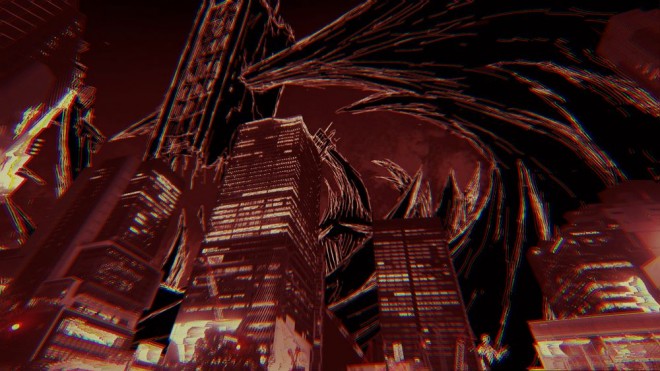 Screenshots from the PSYREN teaser PV showing a red phone booth and conceptual art  
