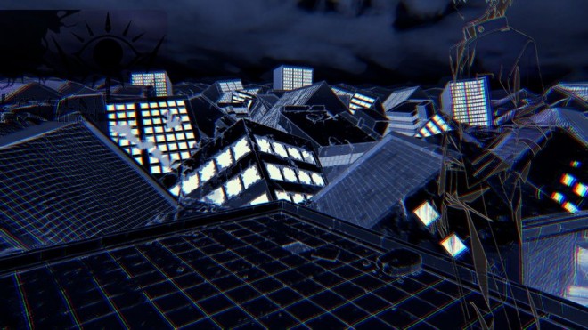 Screenshots from the PSYREN teaser PV showing a red phone booth and conceptual art  