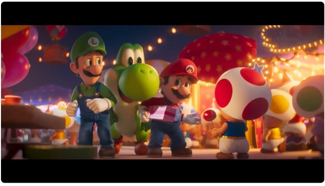 Scene cut from The Super Mario Galaxy Movie showing characters in the Mushroom Kingdom