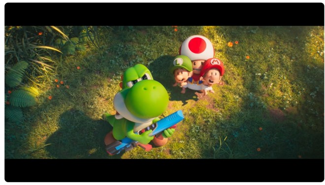 Scene cut from The Super Mario Galaxy Movie showing characters in the Mushroom Kingdom