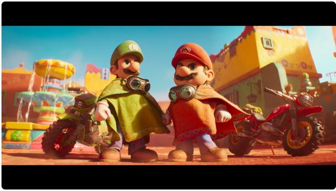 Scene cut from The Super Mario Galaxy Movie showing characters in the Mushroom Kingdom