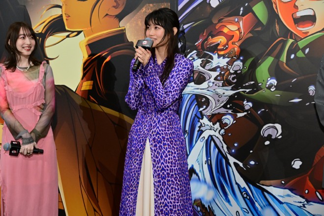 Saori Hayami wearing a purple dress at the Demon Slayer Infinity Castle Arc movie stage greeting