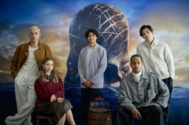Netflix Series ONE PIECE cast members (from left) Taz Skylar, Emily Rudd, Iñaki Godoy, Jacob Romero, and Mackenyu (Photo by Natsuki Matsuo) 