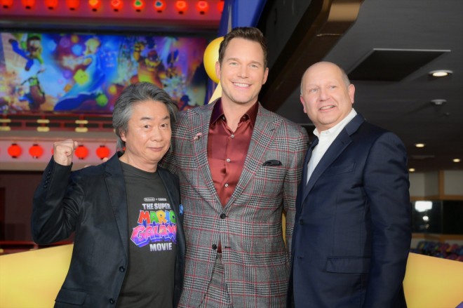 Shigeru Miyamoto, Chris Pratt, and Chris Meledandri at The Super Mario Galaxy Movie world premiere in Kyoto’s Minamiza Theatre