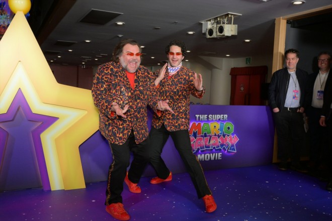Jack Black and Benny Safdie at The Super Mario Galaxy Movie world premiere in Kyoto’s Minamiza Theatre