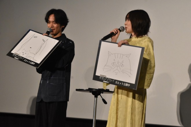 Kensho Ono and Reina Ueda (from left) attend the stage greeting for Mobile Suit Gundam Hathaway The Sorcery of Nymph Circe